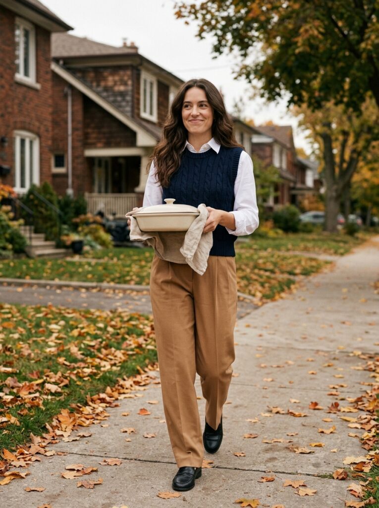 sweater vest over button down with tailored trousers