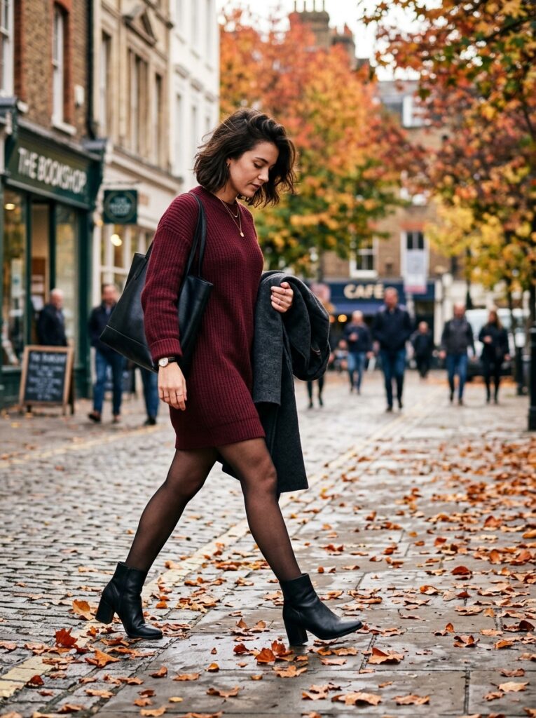 burgundy sweater dress with sheer tights and black ankle boots