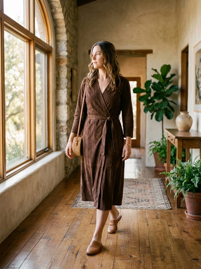 Woman in brown suede wrap dress walks past bookshelf in living room.