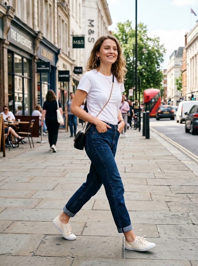 straight leg jeans and white tee with ballet sneakers