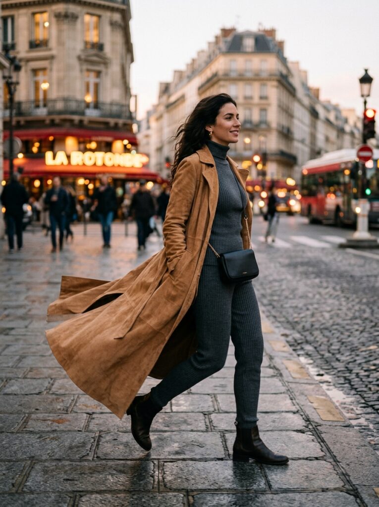 suede maxi duster coat over ribbed knit set
