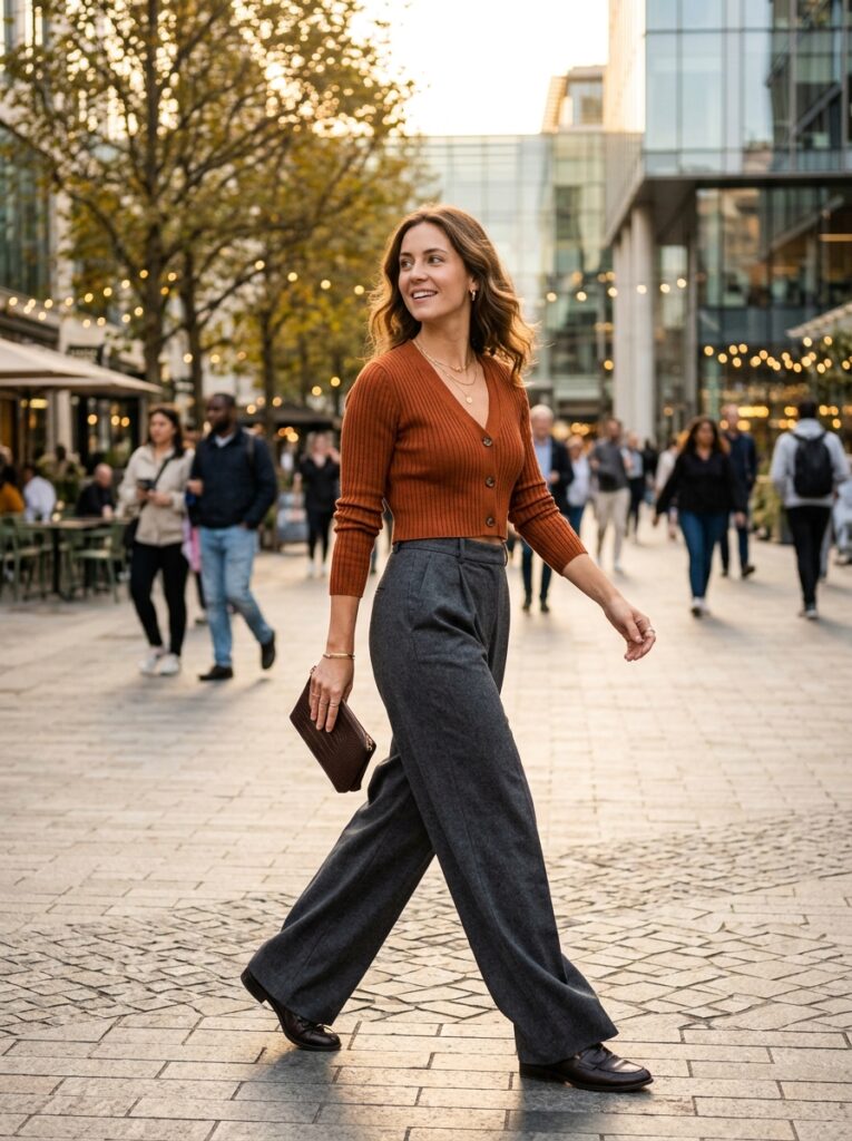 Woman walks in rust cardigan and high-waisted grey trousers at golden hour.