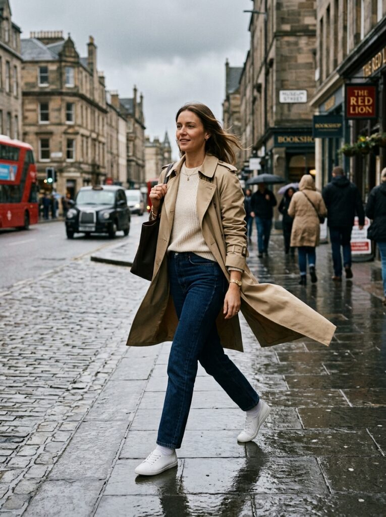 trench coat over jeans with ballet sneakers