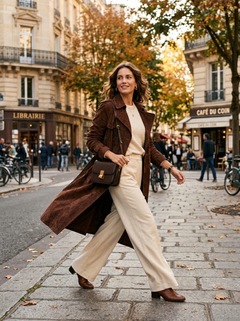 chocolate suede trench coat with cream wide leg trousers