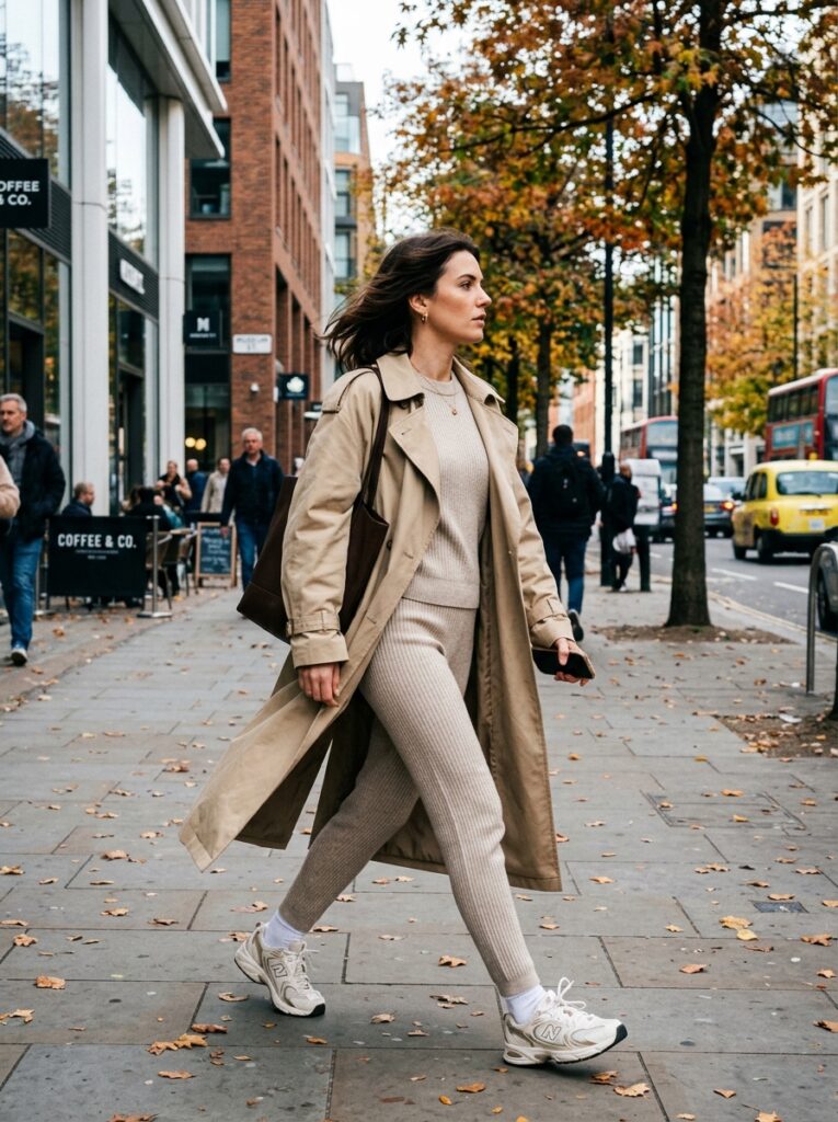 Woman in oversized trench coat over oatmeal knit set walks on sidewalk.