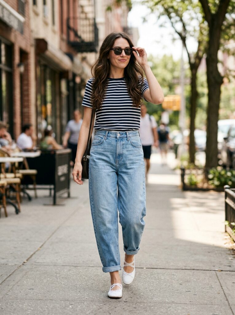 striped tee with barrel leg jeans and ballet sneakers