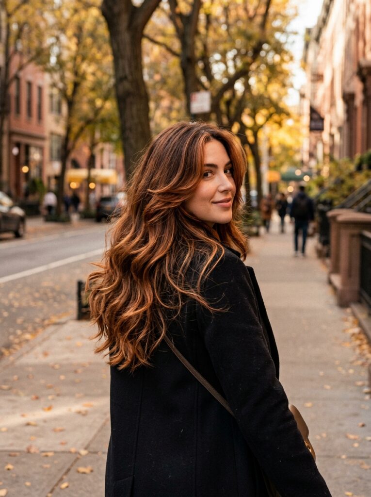 copper balayage with long layers and waves