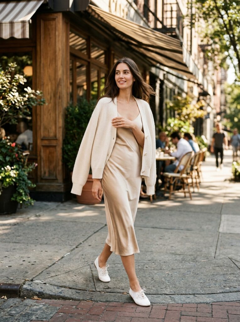 satin slip dress with cardigan and ballet sneakers