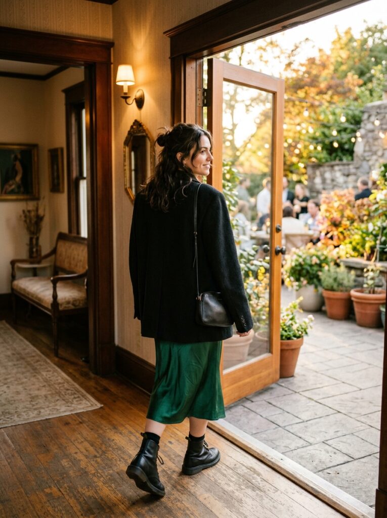 Woman in black blazer over emerald slip dress walks toward patio.