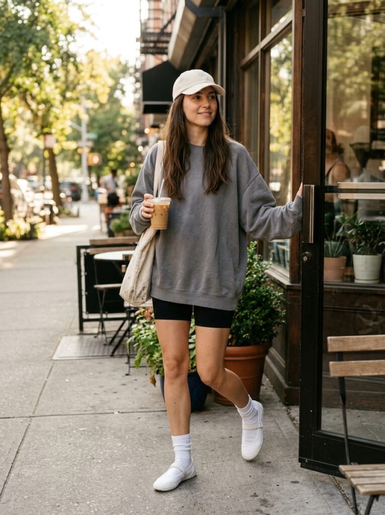 oversized sweatshirt with bike shorts and ballet sneakers