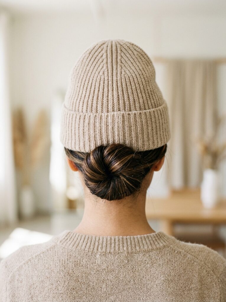 beanie with a low twisted loop bun