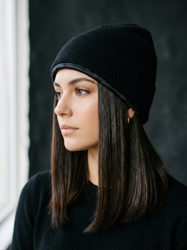 beanie with sleek glass hair middle part