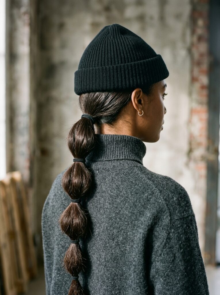 beanie with a sleek low bubble ponytail