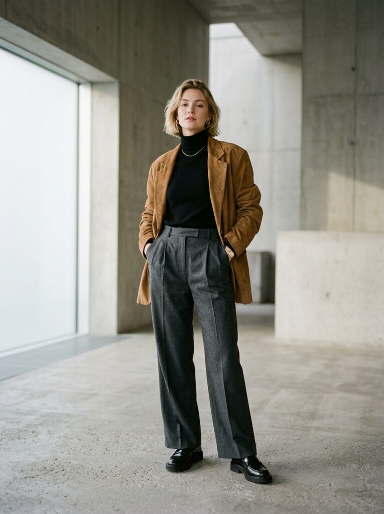 slouchy suede blazer with tailored wool trousers