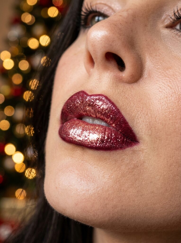 burgundy liner with rose gold shimmer gloss
