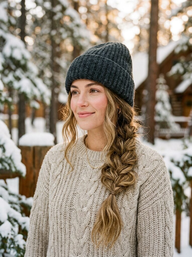beanie with a single chunky side braid