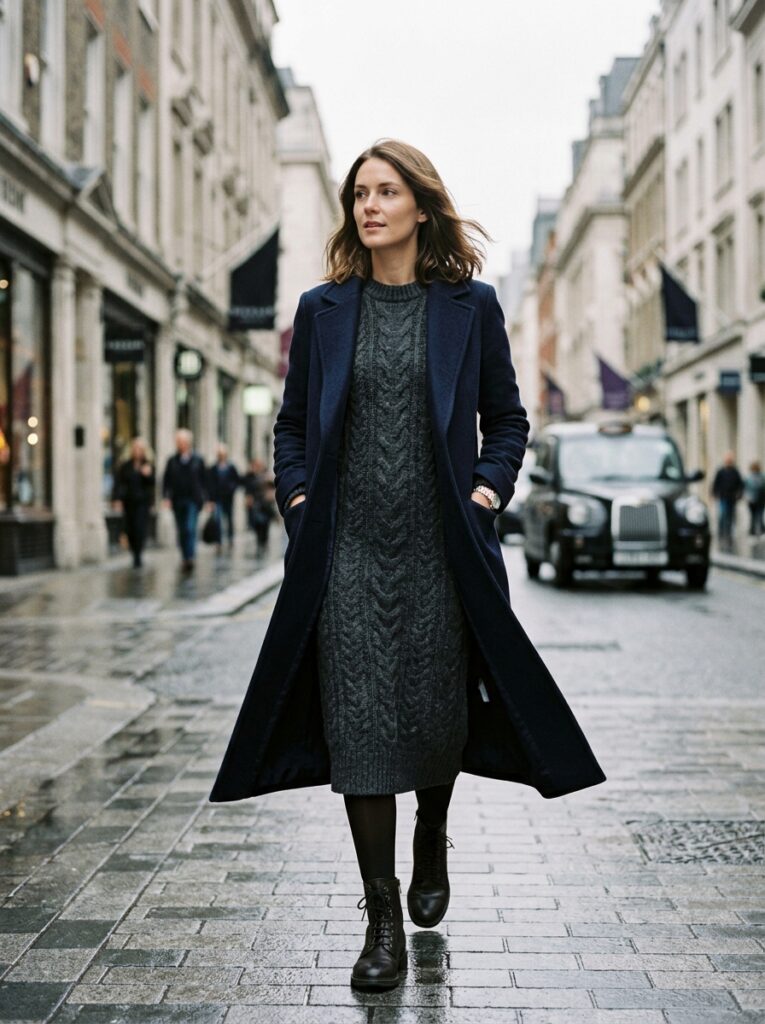charcoal cable knit dress with wool long coat