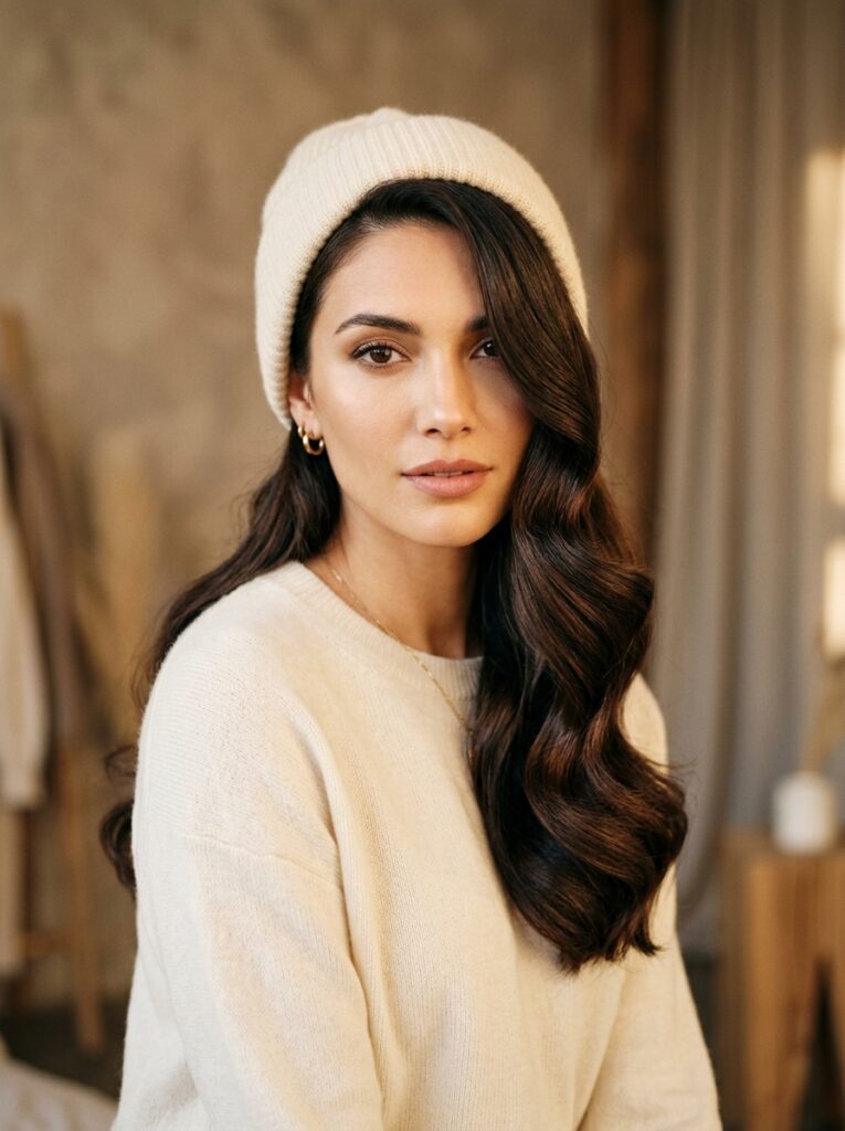 beanie with side swept hollywood waves