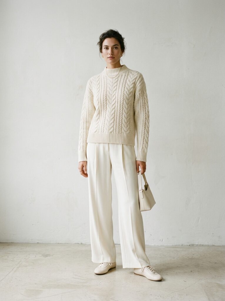 monochrome cream outfit with ballet sneakers