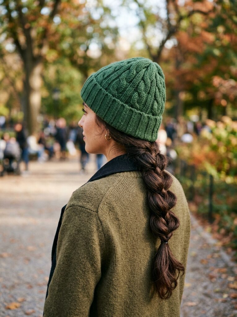 beanie with low pulled through braid