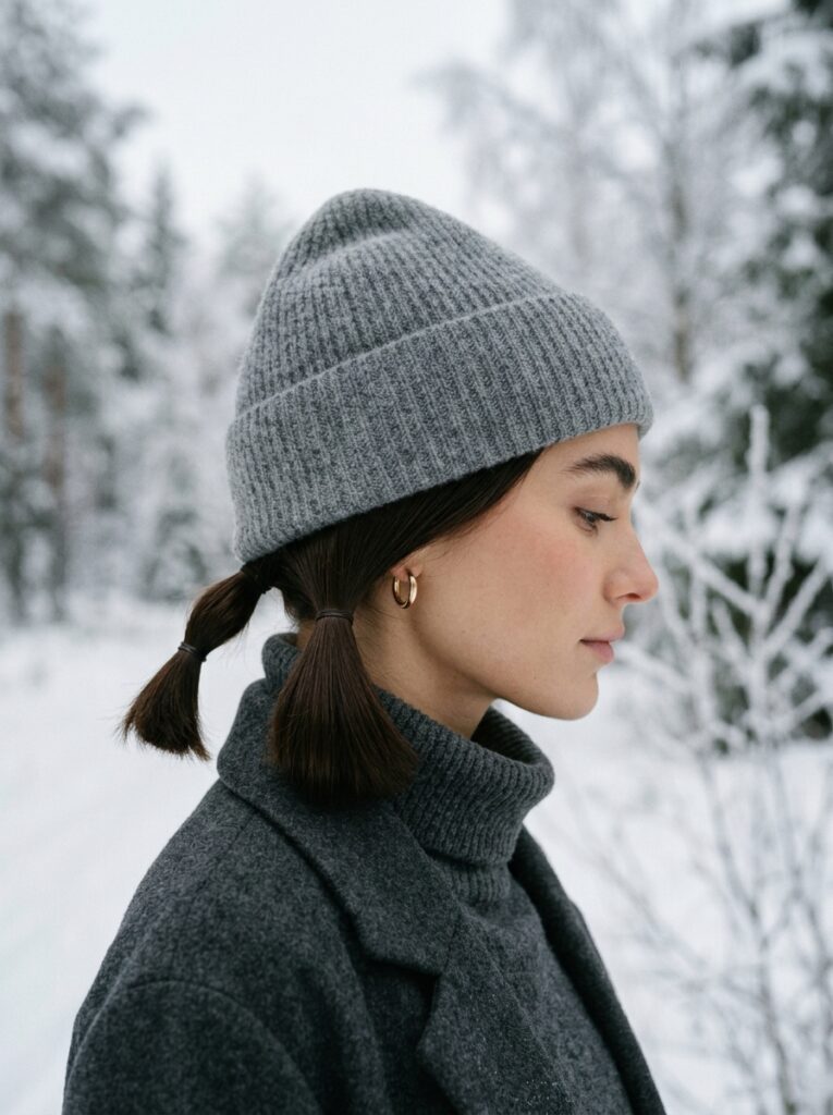beanie with sleek low micro pigtails