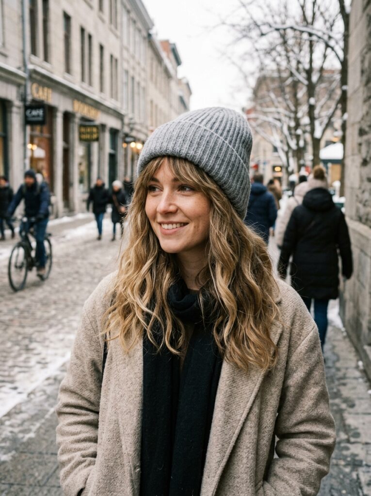 beanie with loose tousled waves and bangs out