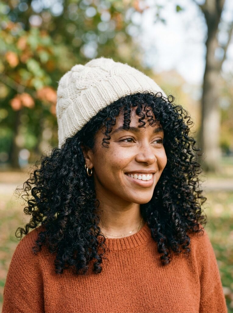 beanie with natural curls spilling from the rim