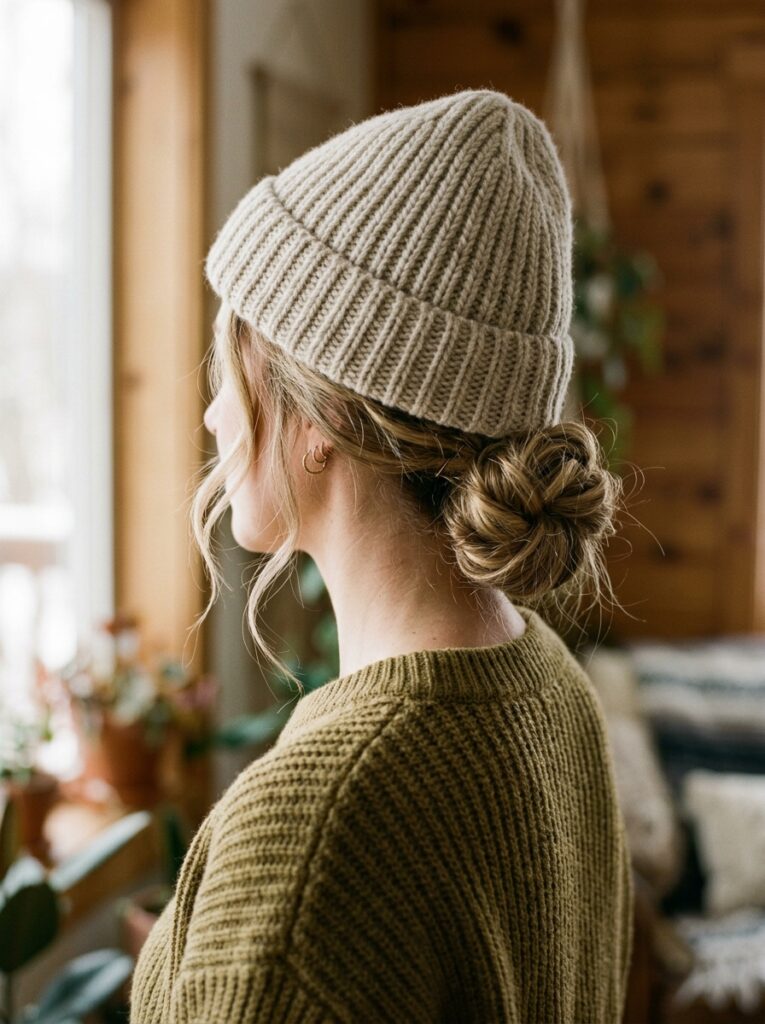 beanie with a low messy chignon