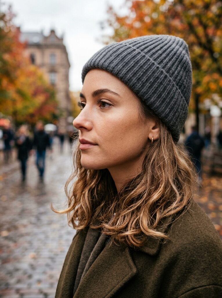 beanie with beachy lob and flipped ends