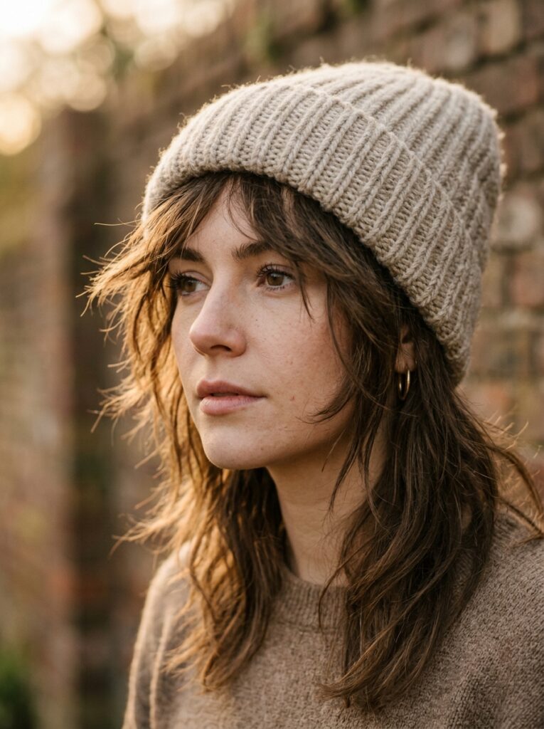 beanie with shaggy layers and wispy ends