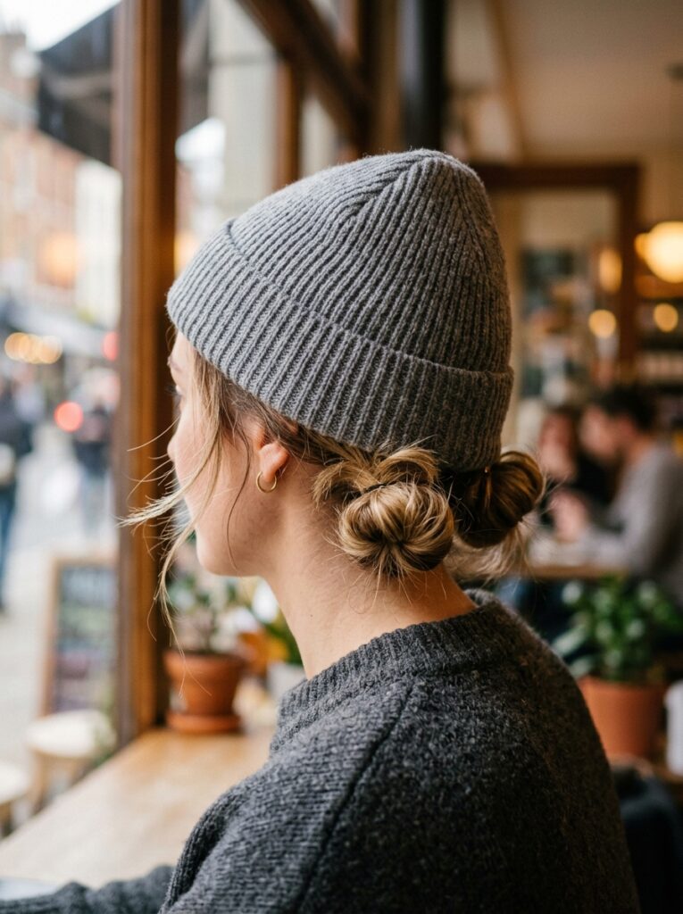 beanie with low space buns at the nape