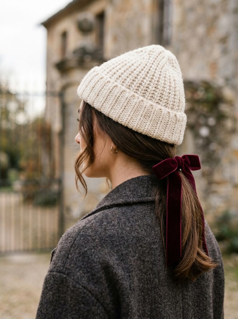 beanie with low ponytail and velvet bow