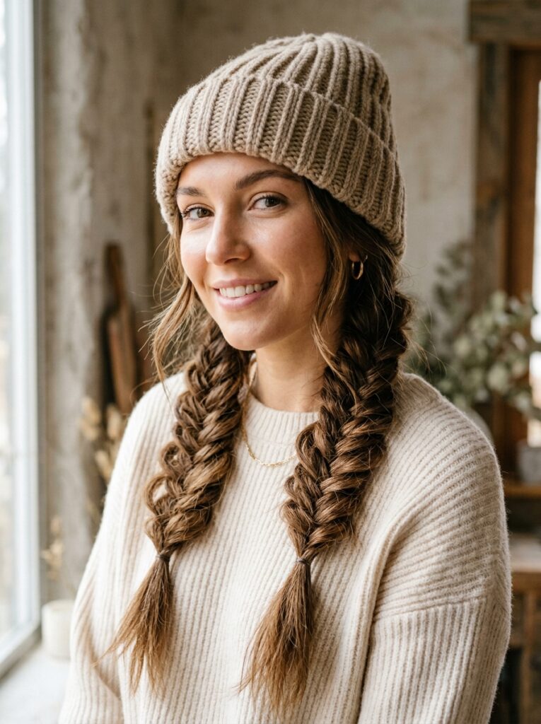 beanie with double loose fishtail braids