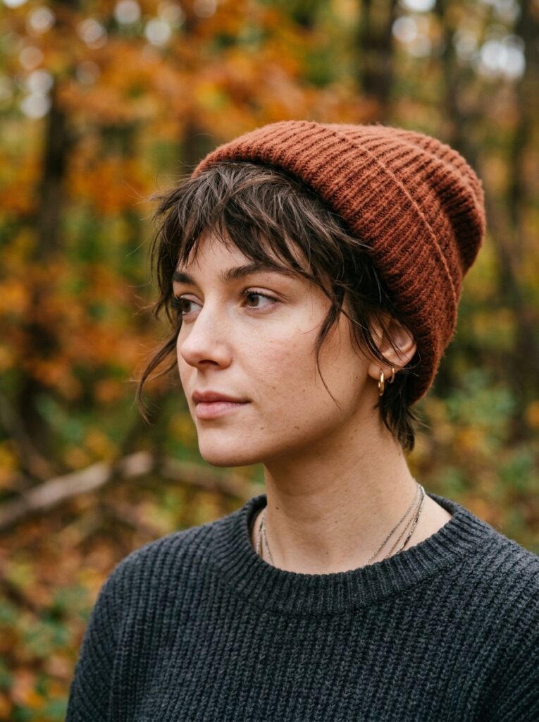 beanie with textured pixie cut and face framing pieces