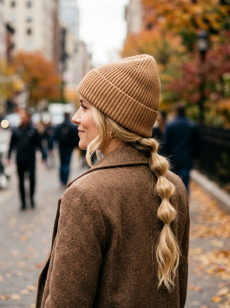 beanie with low bubble braid
