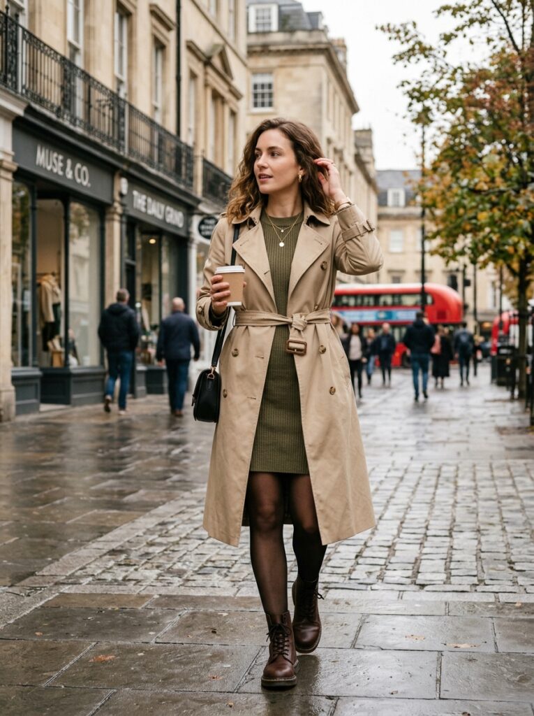 olive sweater dress with belted trench coat