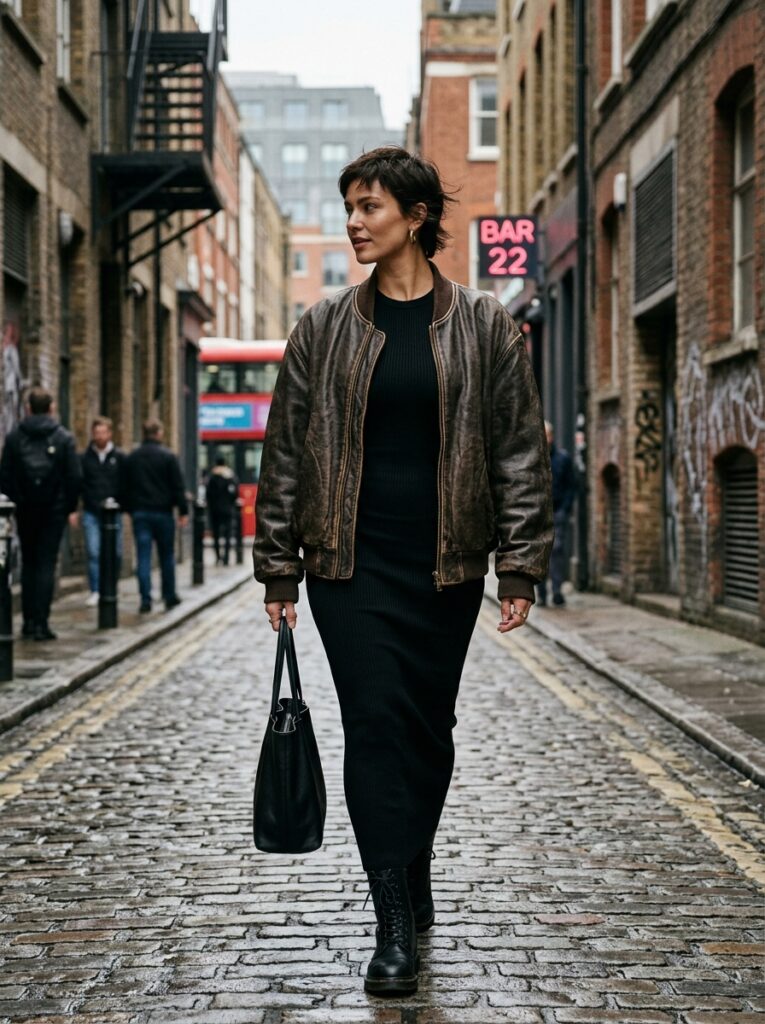 bodycon knit maxi dress with leather bomber jacket