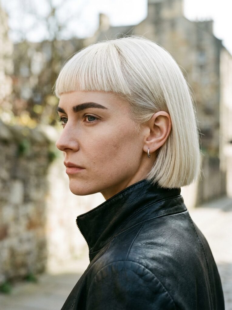 Boxed architectural black bob with razor-straight chin length.