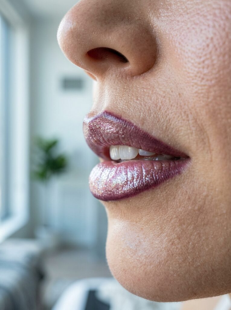 plum liner with pearl gloss lip combo