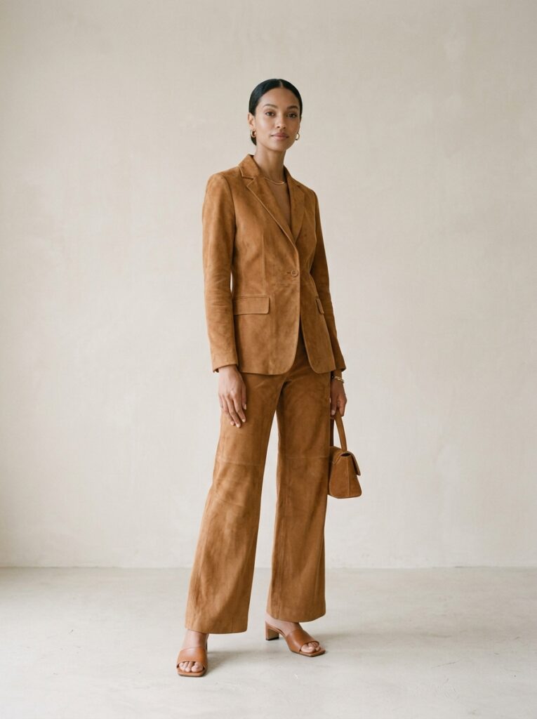 monochrome suede two piece set with leather mules