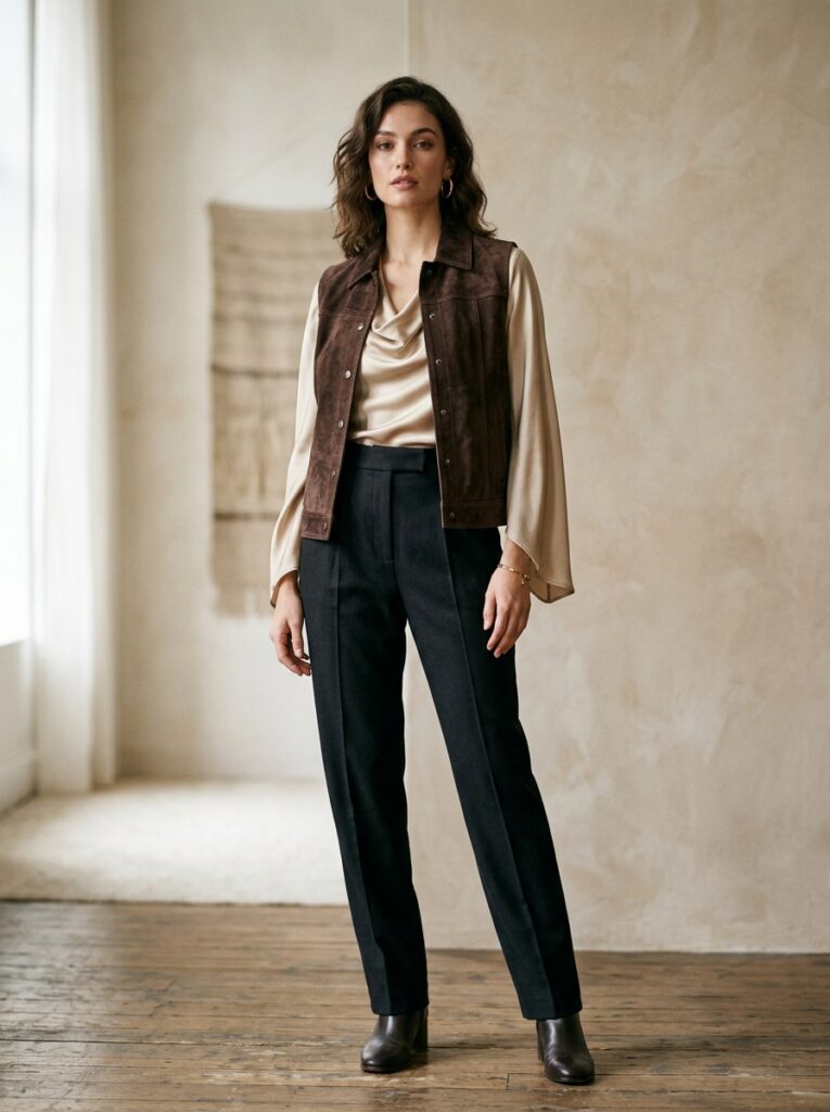 espresso suede vest over draped silk blouse