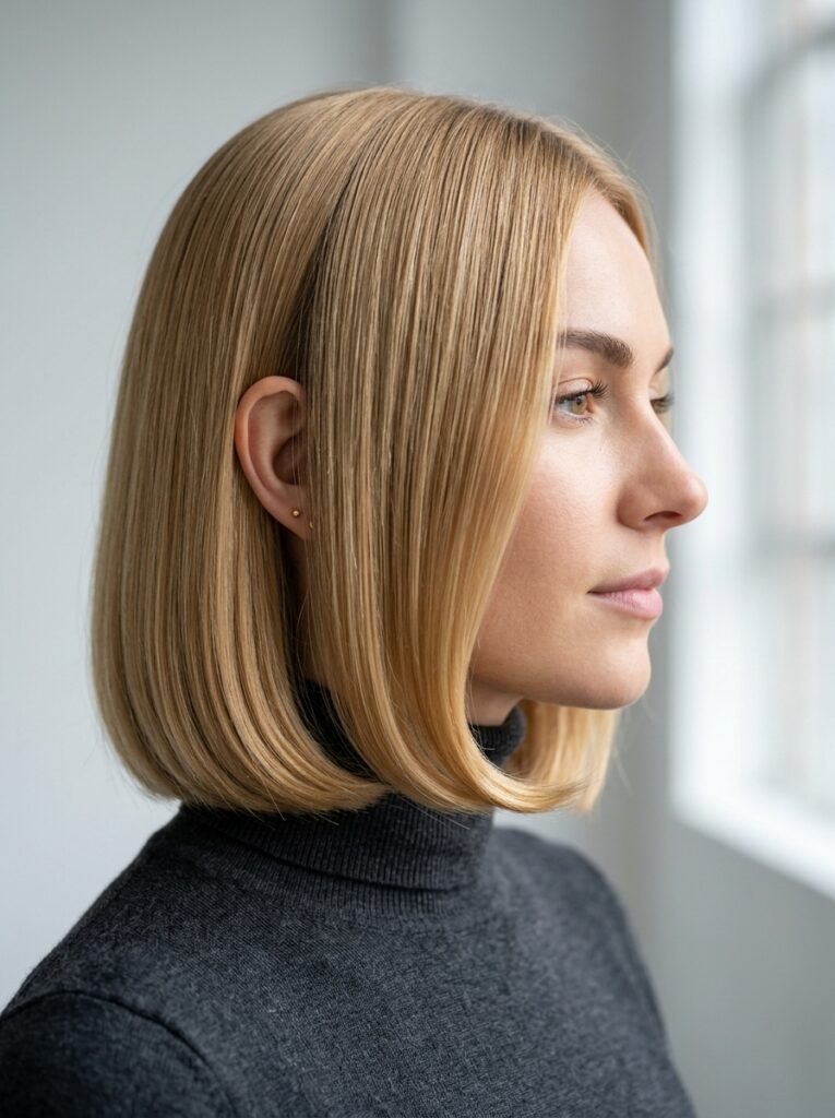 Honey blonde Scandi bob curving inward at the jawline.