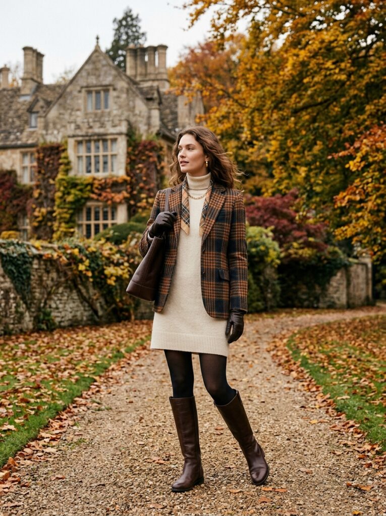 cream knit mini dress with plaid blazer and riding boots
