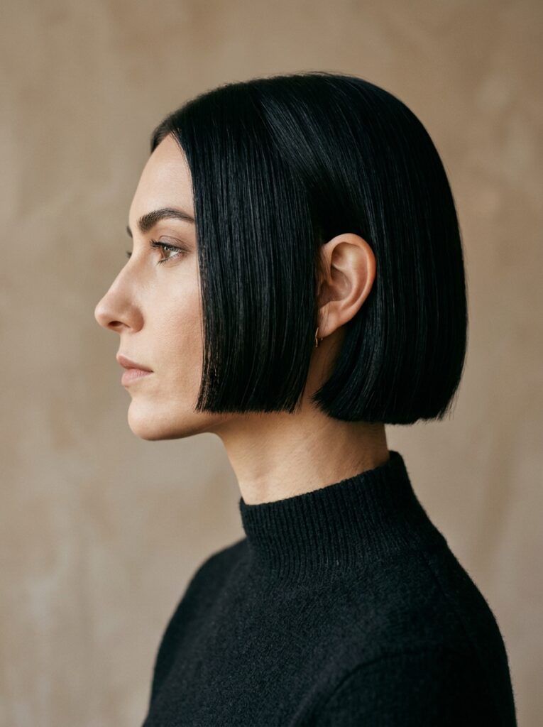Boxed architectural black bob with razor-straight chin length.