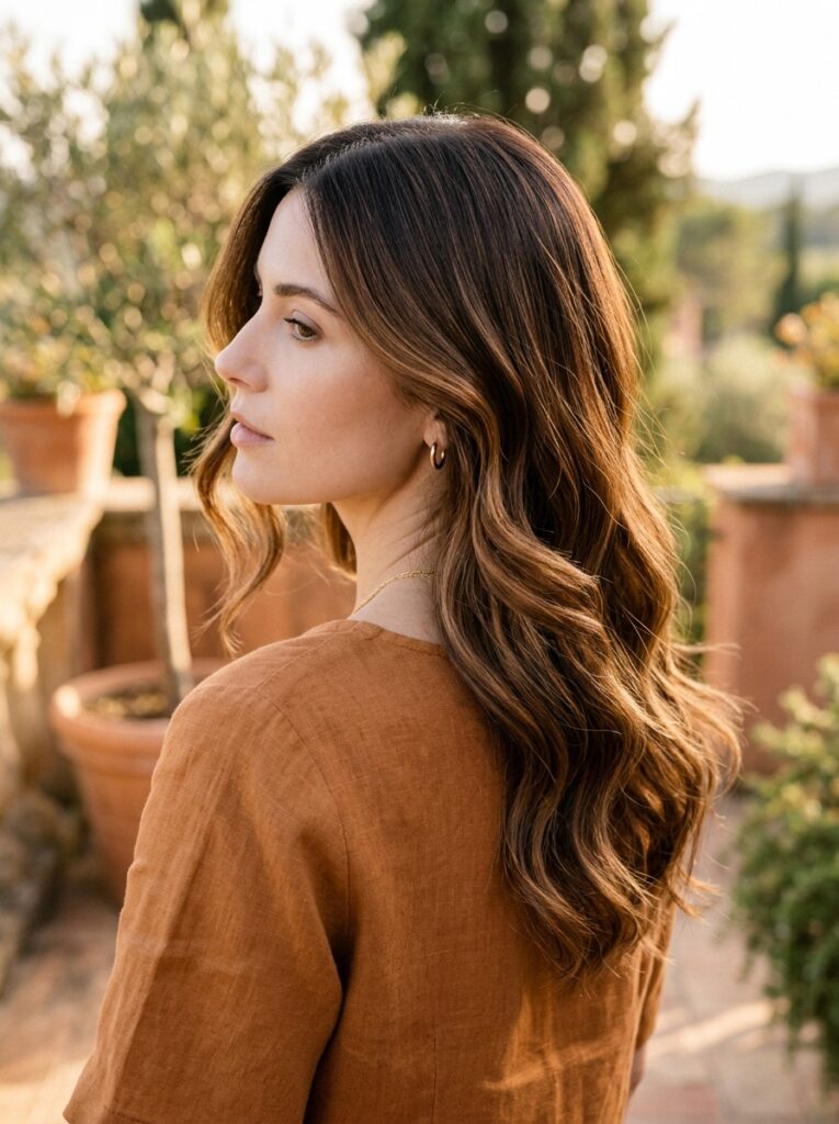 glazed chestnut balayage on brunette hair