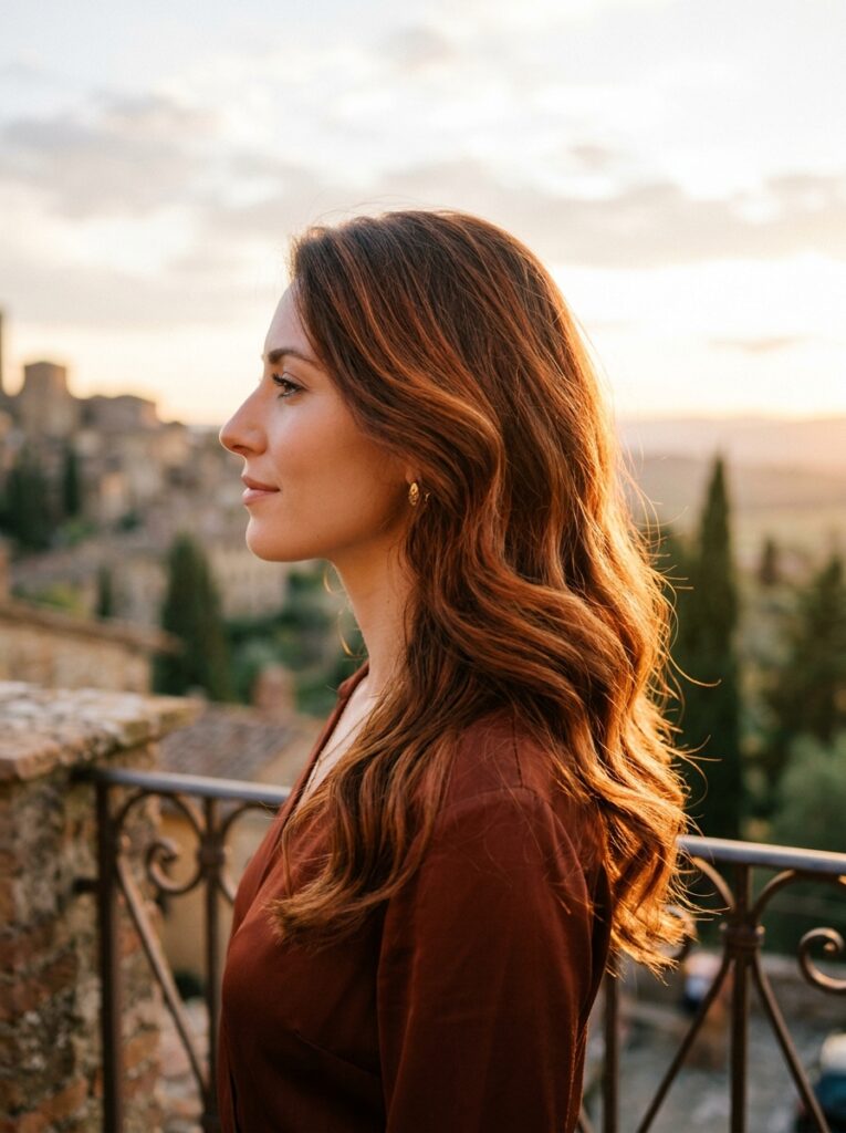 copper brown hair color with warm glow