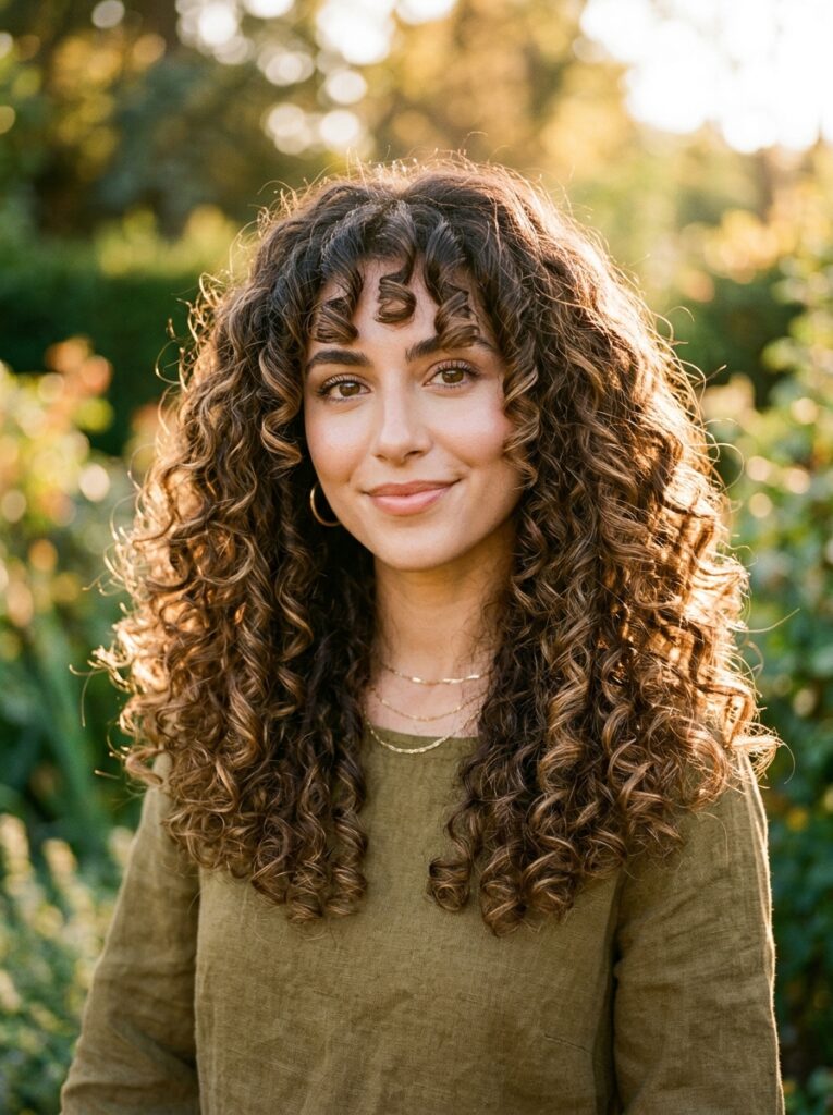 curly curtain bangs framing the face