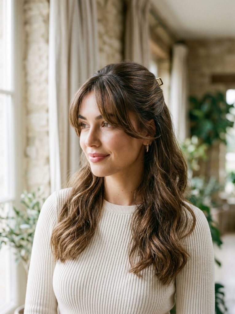 half up hairstyle with curtain bangs