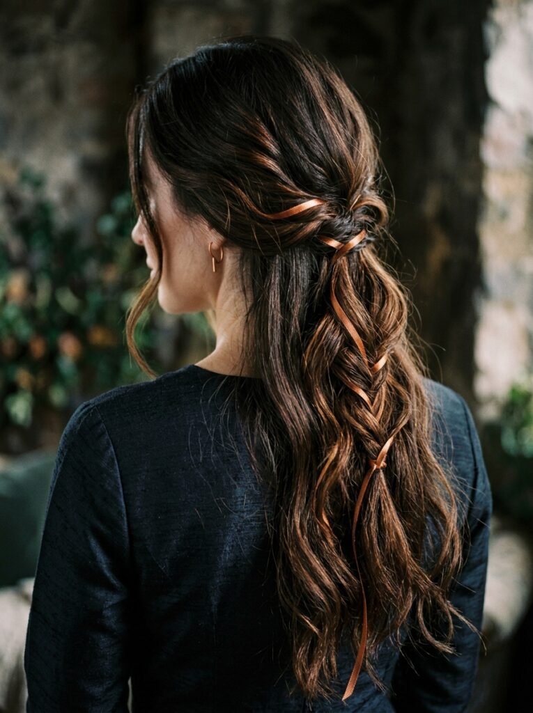 copper ribbons through dark brunette hair