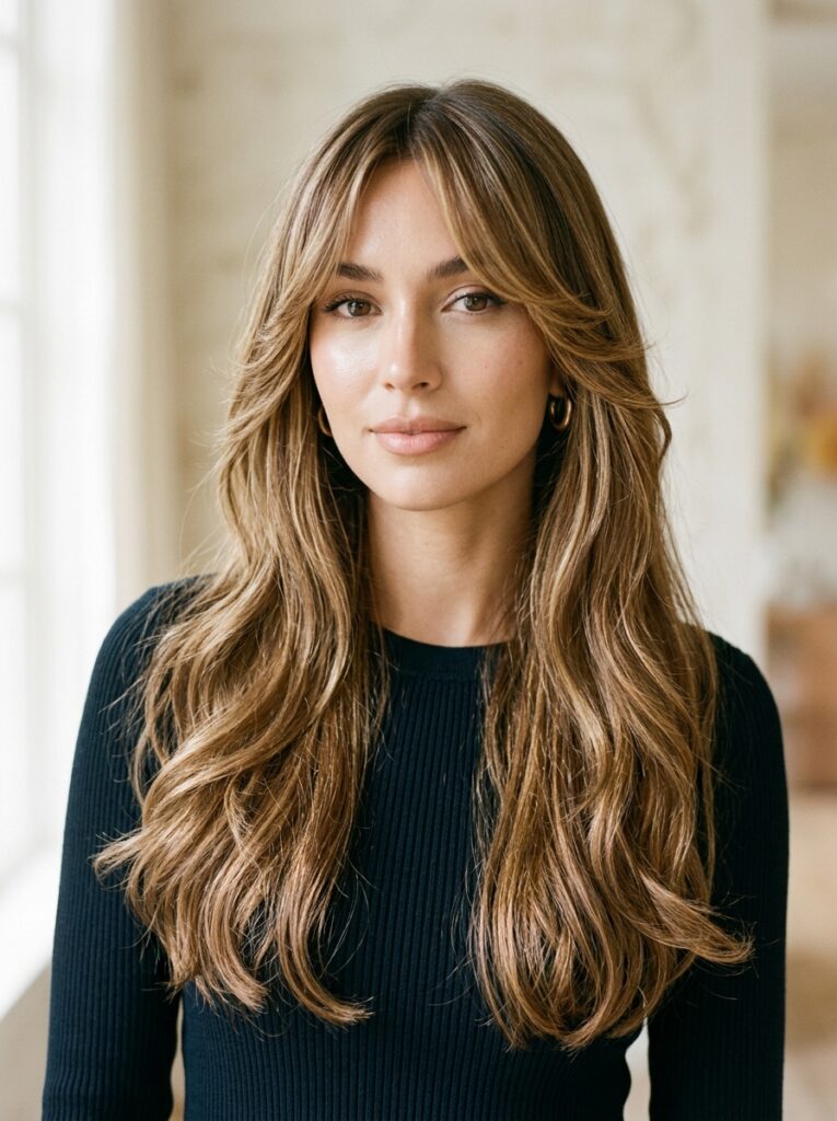 curtain bangs with long face framing layers